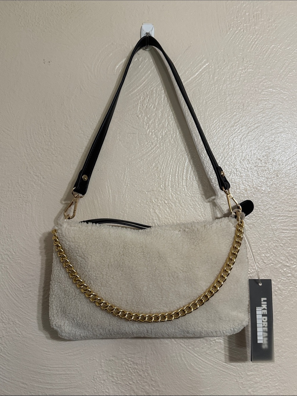 Cream Faux Shearling Shoulder Bag with Gold Chain Accent
